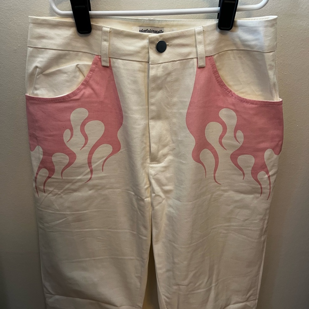 Cream Pants with Pink Flame Design